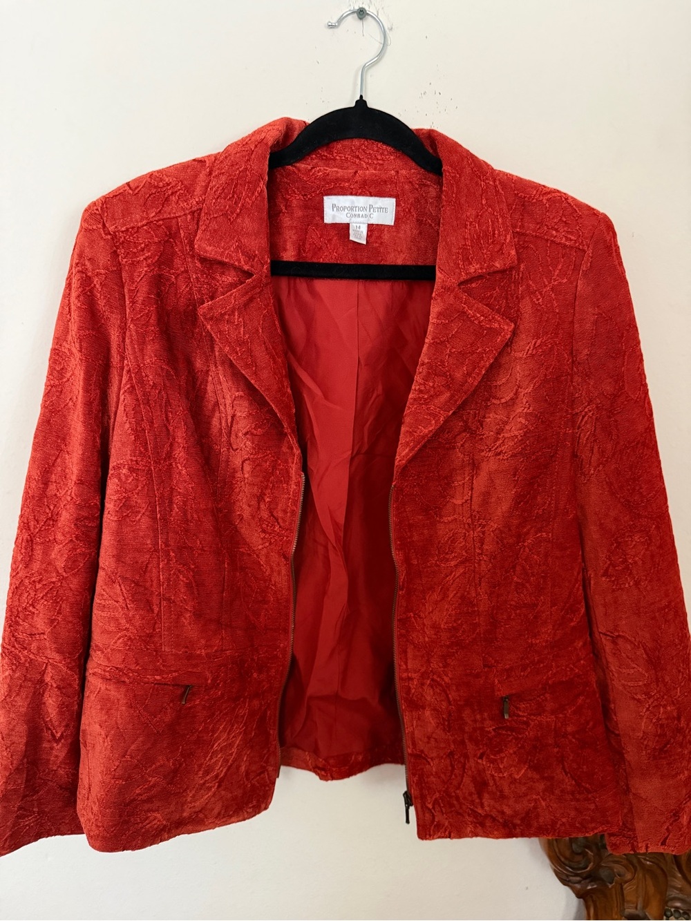 Bold Western Boho Textured Red Velvet Zip-Front Jacket Indie Fall Size 14